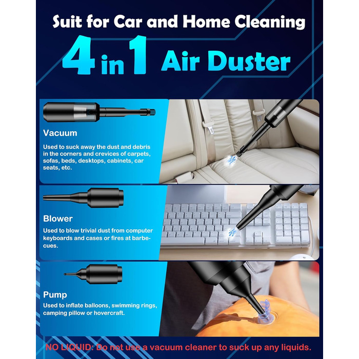 Автомобільний пилосос JUGVOLX 4-в-1 Потужний міні-пилосос 16KPa акумуляторний, 2-швидкісний 200000 об/хв електричний пилосос з без