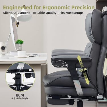 Офісне крісло Efomao, велике та високе крісло зі штучної шкіри X-Embroidery для дому, регульоване ігрове крісло з високою спинкою, поворотне крісло керівника 200 кг з підставкою для ніг та поперековою опорою, сірий 3070eu-grey