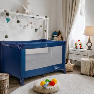 Складане дитяче ліжечко-переноска PR-803 з сумкою та боковим входом, підходить для немовлят та малюків, 2 колеса, 125x65x74 см (синє)