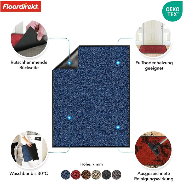 Килимок Floordirekt Rhine для вловлювання бруду - миючий та високоефективний килимок для дверей - килимок для чистого ходу з нековзною підкладкою - вхідний килимок (синій (плямистий), 90 см x 150 см)