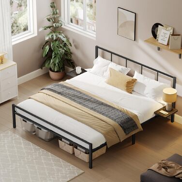 Каркас двоспального ліжка, Ліжко, 160 x 200 см, Металеве ліжко, Каркас ліжка, з узголів&39ям, Сучасне, з полицями для зберігання, Гостьове ліжко, для підлітків, Матовий чорний RMB195B01 160 x 200 см з узголів&39ям