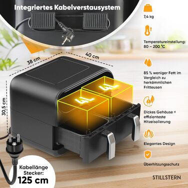 Л, 2400 Вт, 80-200 C, функція струшування розроблена STILLSTERN, Same-End, 120 рецептів GERMAN, 8 програм, зневоднення, розморожування та підтримання тепла, фритюрниця чорна, 1-8 Pers 2x4 8