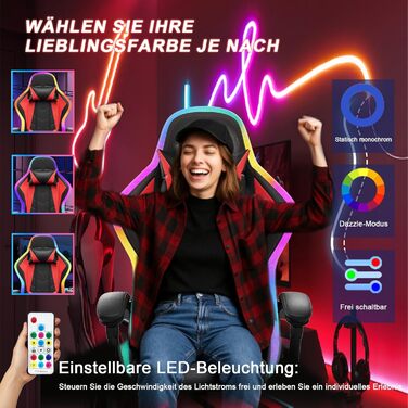 Ігрове крісло JUMMICO зі світлодіодним освітленням, круте гоночне ігрове крісло, ергономічне офісне крісло з функцією масажу, регульована спинка 90-135, з телескопічною підставкою для ніг, ігрове крісло вантажопідйомністю 150 кг, червоне