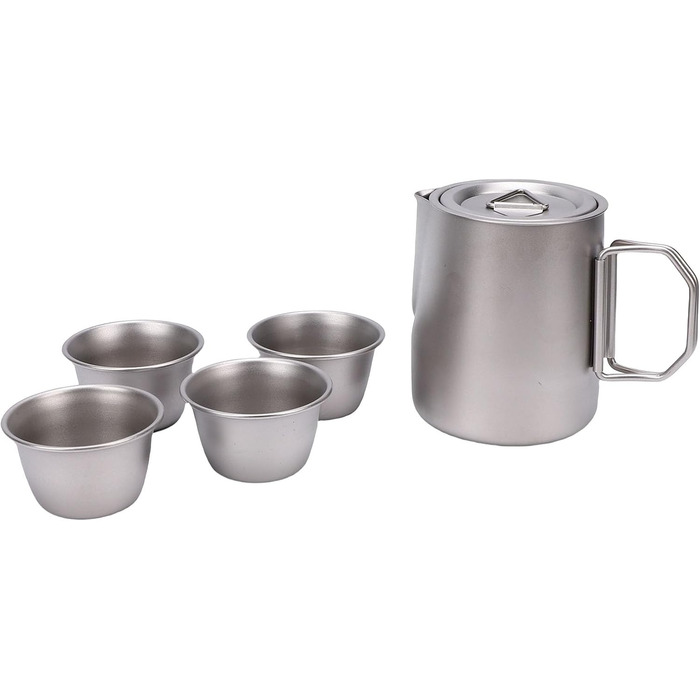 Чайний набір з нержавіючої сталі для подорожей, включає чайник з ситечком, 4 чашки та зручну сумку для зберігання. Ідеально підходить для кемпінгу та походів.