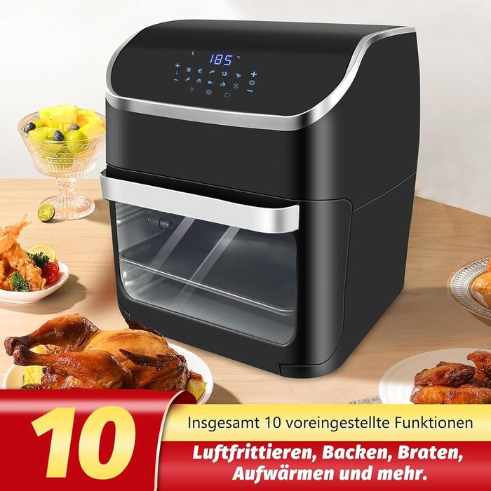 Фритюрниця PRIJESSE 12 л, багатофункціональна фритюрниця з гарячим повітрям, фритюрниця 1800 Вт зі світлодіодним сенсорним екраном, 10 програм, підтримка тепла та функція дегідратора, включаючи брошуру з рецептами та аксесуари 12 л Вертикальний екран