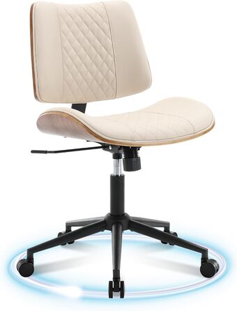 Офісний стілець без підлокітників, стілець для столу, шкіра та дерево, сучасний стілець для домашнього офісу, функція гойдання, вантажопідйомність до 136 кг, регульована висота, поворотне крісло на 360 для кабінету, спальні, домашнього офісу, бежевий