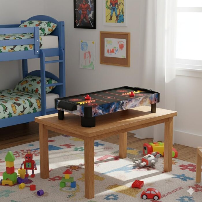 Стіл для аерохокею для дітей віком від 6 років, гра в аерохокей для столів з вентилятором/двигуном, стільниця для аерохокею для 2 гравців, включаючи 4 шт. овхачі, 4 шайби, лічильник рахунків, режим нульової гравітації 102x52x20 см