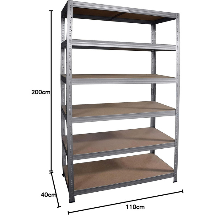 Професійний надміцний стелаж, оцинкований/металевий стелаж з 6 полицями, вантажопідйомність 166 кг кожна/металевий стелаж для підвалу, гаражний стелаж, стелаж для майстерні або стелаж для зберігання/навісний стелаж, металевий, В 200см / Ш 110см / Г 40см, 