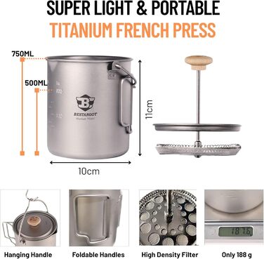 Кавоварка Bestargot French Press Titanium для кемпінгу, титанова чашка-горщик об&39ємом 750 мл макс. для активного відпочинку та кемпінгу, надлегкий кемпінговий посуд, 188 г для бушкрафту та подорожей, титановий тип 1-750 мл з кавовим фільтром