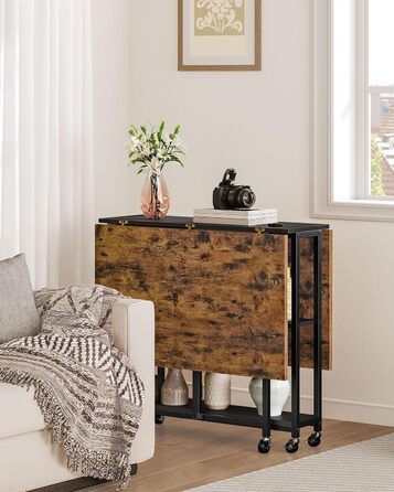 Розкладний обідній стіл, кухонний стіл, мобільний стіл, розкладний стіл з 6 коліщатками, що блокуються, та 2 полицями, для кухні, вітальні, квартири, сільський коричневий та чорний DTCZ01BF Рустикальний коричневий, чорний