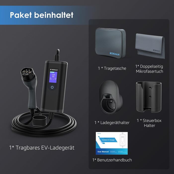 Зарядний кабель bokman тип 2 з вилкою CEE, 5 метрів 6-16А 11кВт 3-фазний IP65 водонепроникний, портативний зарядний пристрій для е