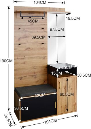 Комплект вішалки з 4 гачками для одягу, дзеркалом, тумбою для взуття, настінною вішалкою для одягу, верхньою полицею, лавкою для в