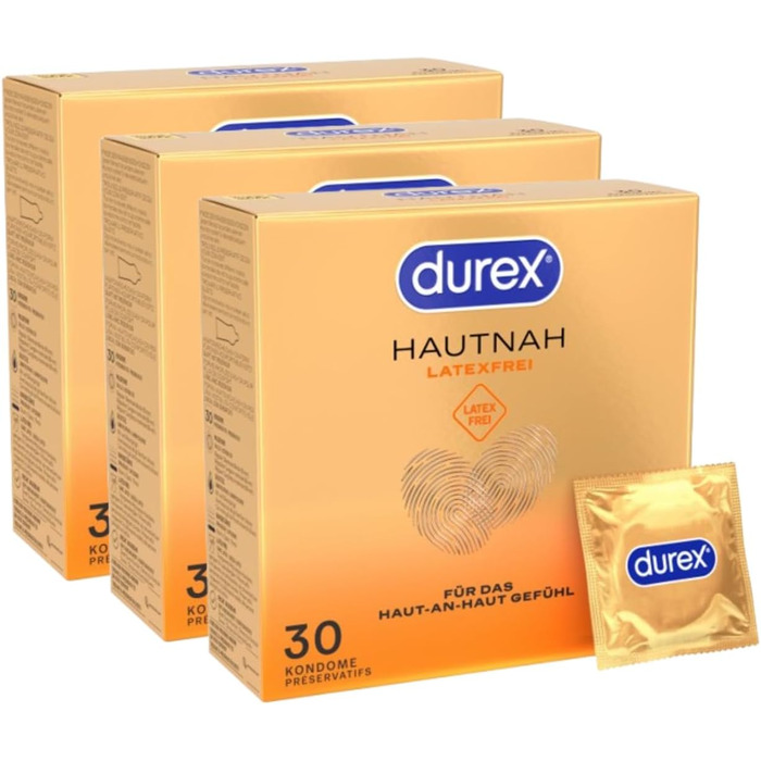 Презервативи Durex Skin Close без латексу - Презервативи без латексу, виготовлені з матеріалу Real-Feel та з анатомічною формою Easy-On - Без латексу - Упаковка з 90 шт. (3 x 30 шт. ) ука (Упаковка з 90 шт. )