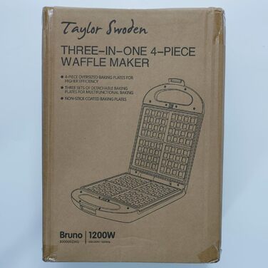 Бутербродниця Bruno 3 в 1, вафельниця, деко для випічки, 1200 Вт, для 4 сендвічів, знімний піддон з антипригарним покриттям, поворот на 180 для швидкого та рівномірного випікання, без бісфенолу А