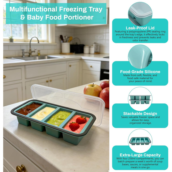 Контейнери для супу LURICO з кришками, контейнери для заморожування супу, набір із 2 силіконових форм для заморожування 250 мл з кришками - дуже великі формочки для кубиків льоду для супу, бульйону, соусів, 4 отвори