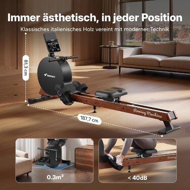 Домашній гребний тренажер MERACH, самогенеруючий, покращений магнітний піковий опір 60 кг, автоматичне регулювання опору, подвійні дерев&39яні рейки, світлодіодний дисплей, професійний (R21)