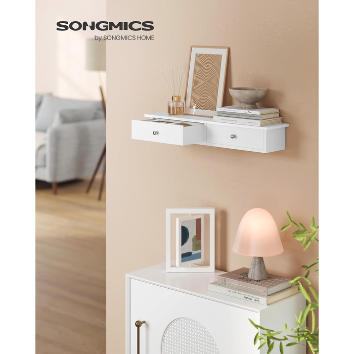 Настінна полиця SONGMICS, плаваюча полиця з 2 шухлядами, вантажопідйомність до 15 кг, 15 x 65 x 10 см, для коридору, вітальні, офісу, легке складання, компактна, сучасна, біла LWS65WT