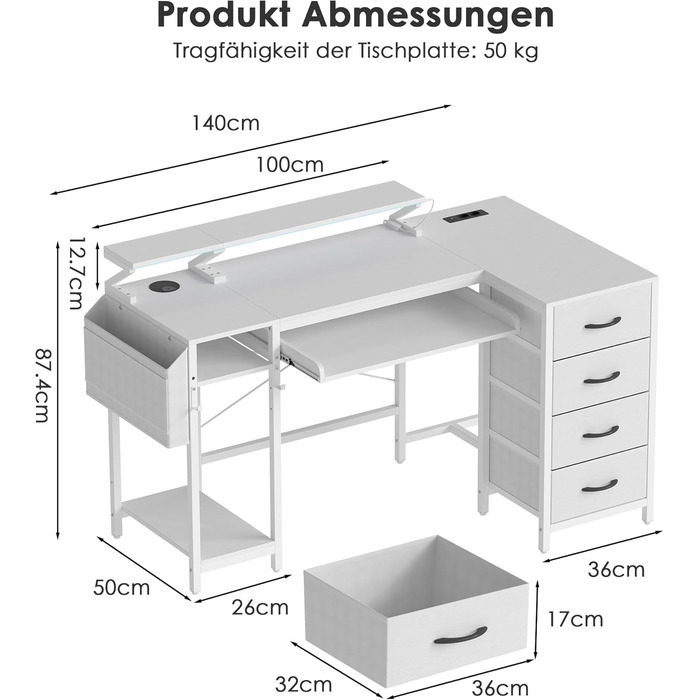 Подібний стіл Yeshine 140 см з підставкою для клавіатури, ігровий стіл з USB-портом зарядки та розеткою, комп&39ютерний стіл з RGB-підсвічуванням та шухлядами для роботи, навчання, відпочинку, білий