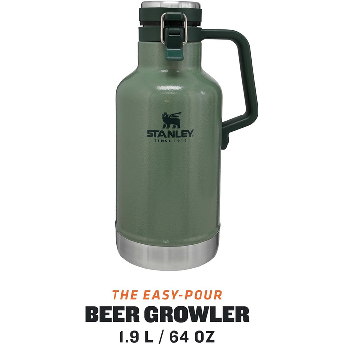 Термос Stanley Classic Easy-Pour Growler 1,9 літра - Зберігає пиво холодним та свіжим протягом 24 годин - Термос з нержавіючої сталі - Герметичний - Можна мити в посудомийній машині - Зелений колір Hammertone