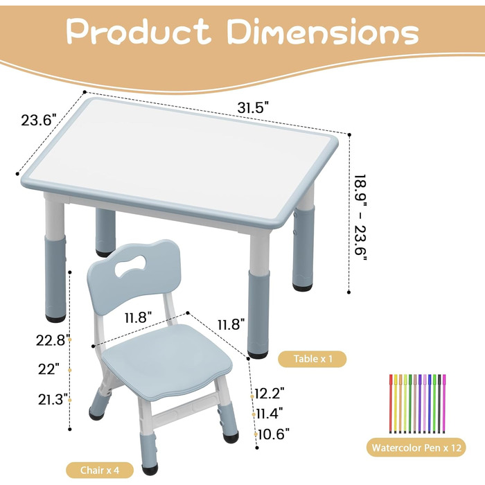 Дитячий стіл з 4 стільцями, дитячий комплект столиків з регульованою висотою для хлопчиків та дівчаток віком від 2 років, дитячий комплект сидіння з письмовим столом у стилі графіті та нековзними ніжками, пластикові дитячі меблі для дитячих кімнат - D Eu-