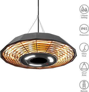 Інфрачервоний стельовий обігрівач TROTEC IR 2010 SC 2000 Вт, круговий обігрів 360, світлодіодне освітлення, захист від атмосферних впливів IP45, пульт дистанційного керування, алюмінієвий корпус, для патіо та ресторанів, 2000 Вт, чорний