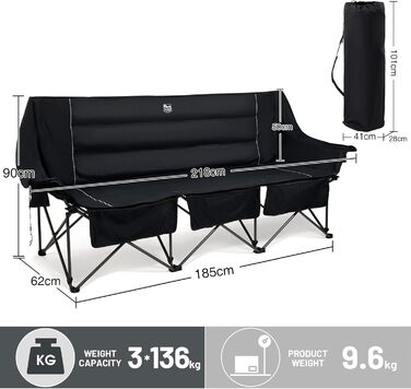 Складаний кемпінговий стілець TIMBER RIDGE для 2 осіб, велика ширина 160 см, диван XXL для кемпінгу, вантажопідйомність 320 кг, складний стілець для 2-місного кемпінгу з великими боковими кишенями, висока спинка для саду на свіжому повітрі, балкон, викори