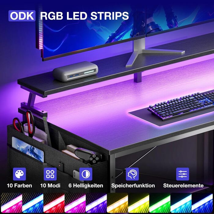 Кутовий письмовий стіл ODK з 4 тканинними шухлядами, 140x80 см, двосторонній L-подібний стіл з 2 розетками та 2 портами зарядки USB, L-подібний ігровий стіл зі світлодіодним освітленням та підставкою для монітора для домашнього офісу, чорний 140 x 80 см