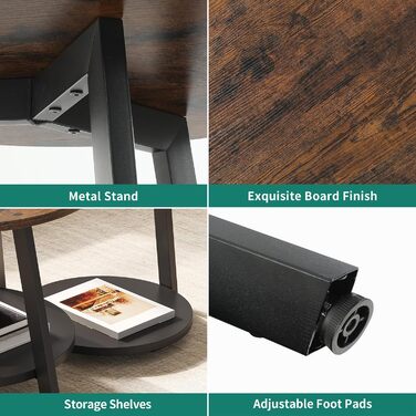 Комплект із 2 круглих журнальних столиків, столи для вітальні з місцем для зберігання, штабелювані приставні столики з дерев&39яною стільницею та металевим каркасом, С-подібні приставні столики, журнальні столики для вітальні, рустикальний коричневий