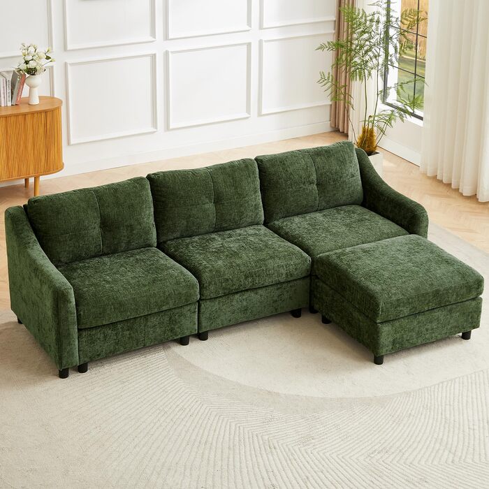 Кутовий диван JIEXI з функцією сну, вельветовий диван, L-подібний диван, кутовий диван, диван-ліжко, 251 см (темно-зелений, 3 місця 1 пуф)