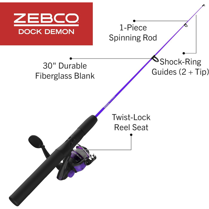 Котушка для спінінгу Zebco Dock Demon або Spincast та вудка, міцне скловолокно 76,2 см, комбінована котушка для спінінгу Quickset Anti-Reverse - фіолетова