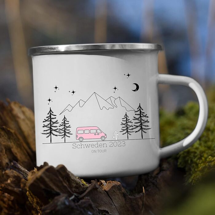 Емальована кружка &quotМаленька Матильда&quot, барвиста персоналізована кемпінгова кружка з іменем для кемпінгу, кавова кружка, аксесуар для каравану, кружка з нержавіючої сталі, подарунок для кемперів (рожевий кемпер)