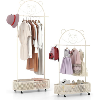 Вішалка для дитячого одягу GOPLUS, дитяча вішалка для одягу з вішалкою та полицею, дитяча вішалка для одягу з 3-ма регульованими в