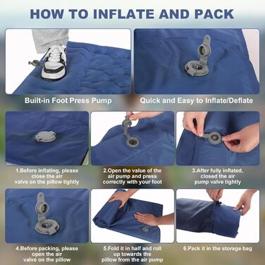 Надувний матрац SHANNA для кемпінгу на відкритому повітрі Ультратовстий надувний килимок для сну 12 см з ножним насосом, легкий та компактний надувний матрац з надувною подушкою для пляжу, намету, подорожей, темно-синій