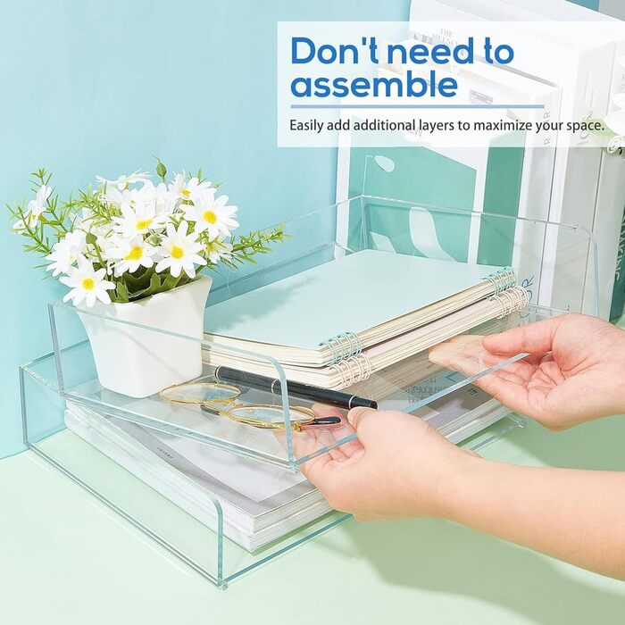 Акриловий лоток для паперу Harloon з 4 ярусами, що штабелюється, лоток для листів, прозорі полиці для організації, не потребує робочого місця, місце для зберігання на столі (31,1 x 21,5 x 6,6 см) 12,4 x 8,74 x 2,68 дюйма