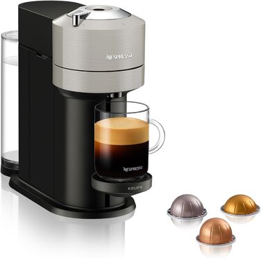 Машина Krups XN910B Nespresso Vertuo Next Кавова капсульна машина Кавоварка Nespresso Резервуар для води 1,1 л 6 розмірів чашок Функція вимкнення живлення 54 переробленого пластику Світло-сірий без піноутворювача молока