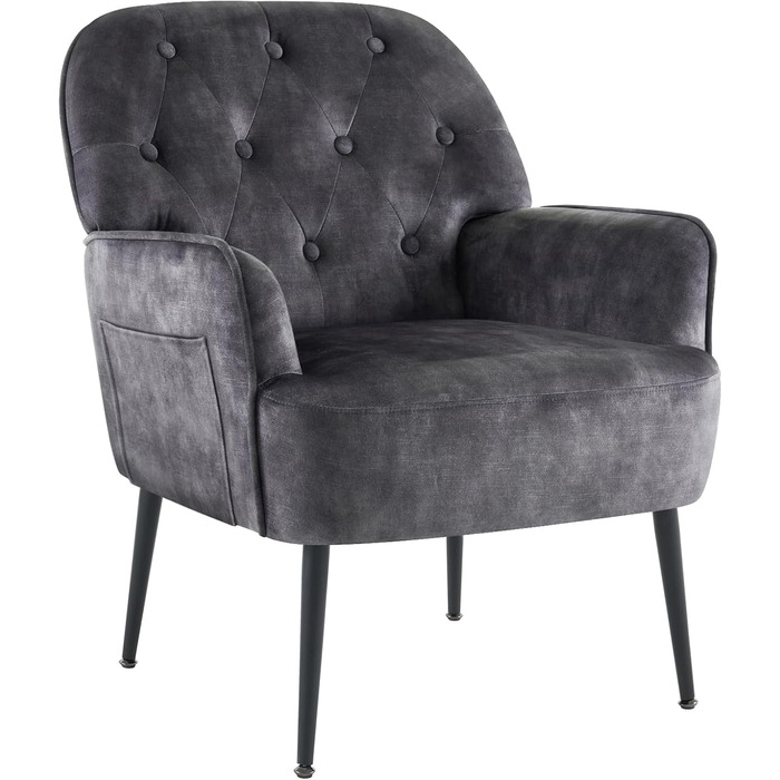 Крісло IWMH для вітальні/спальні, крісло-коктейль Lazy Lounge, зручне з підлокітниками та бічною кишенею, сучасне оксамитове поворотне крісло для читання з металевими ніжками (сіре)