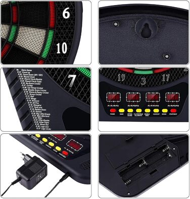 Електронний набір дартсу з голосовими підказками, 4 світлодіодні дисплеї, 6 дротиків, 27 ігор, 243 ігрові опції, професійний електронний дартс для дому, вечірок, саду, бару, 1-16 гравців, чорний