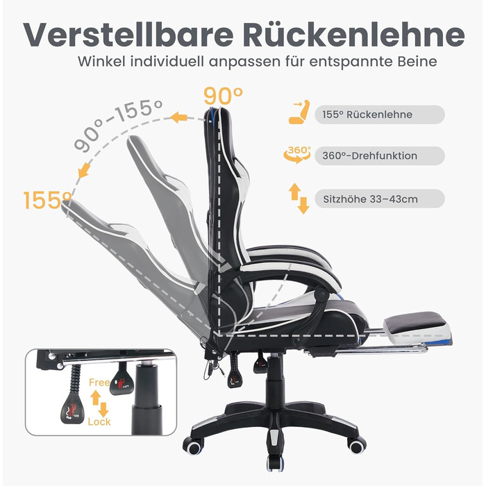 Ергономічне ігрове крісло з поворотом на 360 у гоночному дизайні, шкіряне офісне крісло з високою спинкою та регульованою висотою, з підставкою для ніг, підголівником та поперековою опорою для офісу та ігор (білий чорний)