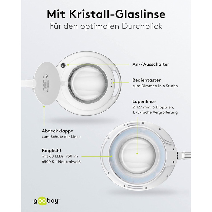 Світлодіодна лампа-лупа goobay 60362 з затискачем / споживана потужність 9 Вт / лінза з кришталевого скла 127 мм/колірна температура 6400 K / 1.75 шт. збільшення/світловий потік 83-730 люмен/біла версія 2023 року