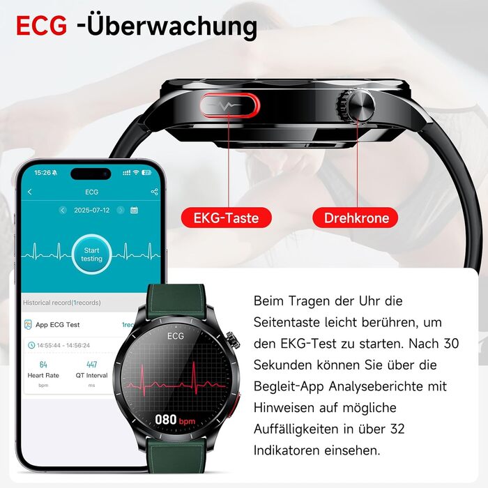 Новий чоловічий смарт-годинник 2026 року з ЕКГ/ВСР/кров&39яним тиском/ІМТ/сечовою кислотою, 1,43-дюймовий AMOLED-годинник для здоров&39я з 24-годинним вимірюванням кров&39яного тиску, SpO2, апное, монітором сну, екстреним викликом SOS, фітнес-годинник, An