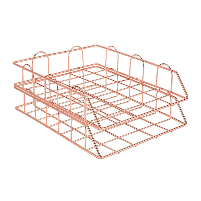 Металевий лоток для документів XINGHE з 2 частин, штабелювані металеві лотки для паперу для столу, для столу, лоток для документів, лоток для листів (рожеве золото)