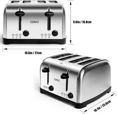 Тостер OZAVO 4 скибочки, насадка для булочок, 7 рівнів підсмажування, функція центрування, зі знімним піддоном для крихт, корпус з