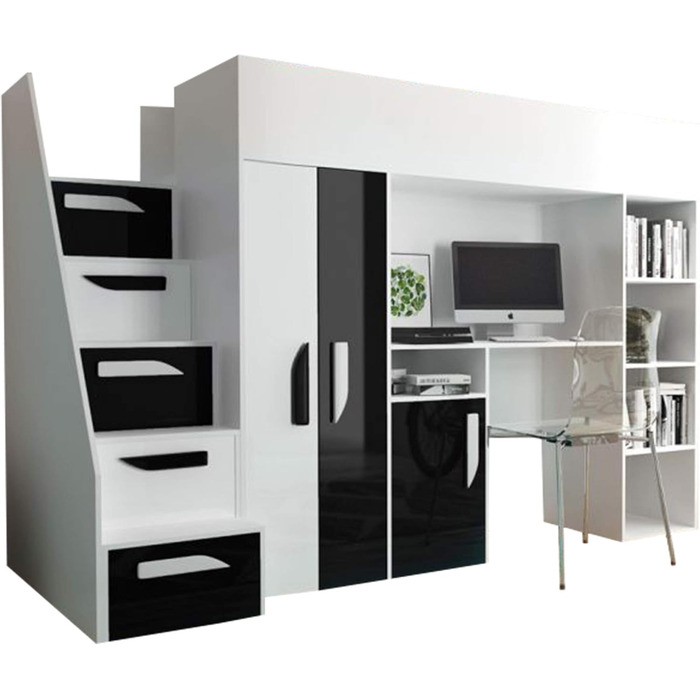 Двох'ярусне дитяче ліжко Hula 14 Двох'ярусне ліжко з шафою, письмовим столом і сходами, на вибір кольору, дитяче ліжко (білий/біли