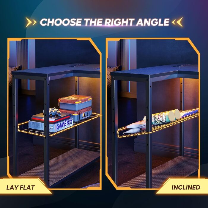 Г-подібний письмовий стіл Bestier 132 см з розетками та світлодіодним підсвічуванням, двосторонній кутовий стіл з полицями, велике