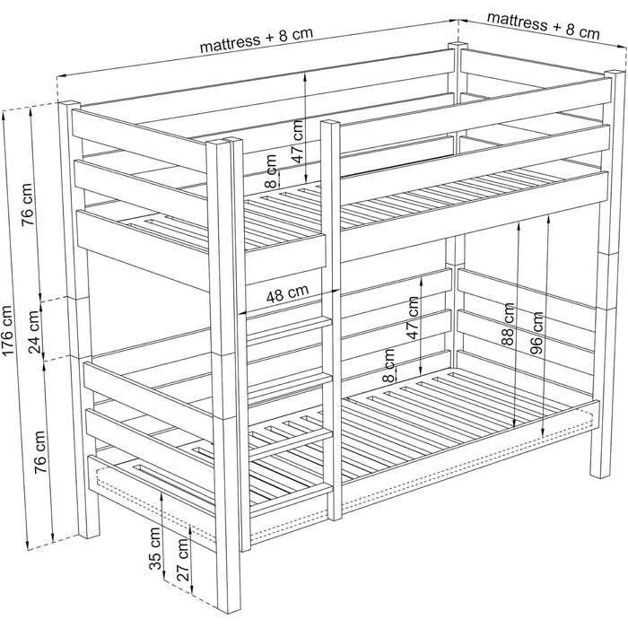 Двоярусне ліжко, дитяче ліжко 120х190 см, для 2 дітей, 2 сторони для складання драбини, 2 окремих спальних місця, закруглені краї,