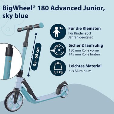 Дитячий самокат HUDORA BigWheel 180 Advanced Junior (від 3 років) якісний та безпечний, складаний, з відбивачами та регулюванням висоти, колір sky blue