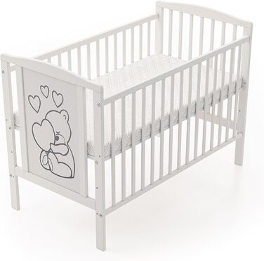 Звичайне дитяче ліжко, дитяче ліжко, ліжко для малюків Timmi з матрацом, виготовлене з масиву дерева, 3 положення регулювання висоти, 60x120 см, біле