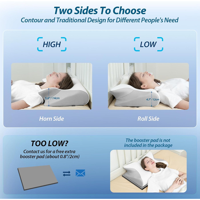 Подушка для шиї HOMCA, подушка з піни з ефектом пам&39яті, подушка для підтримки шиї 2-в-1 з 3D-охолодженням, наволочки, подушка для сну на спині, боці та животі, сіра, 60x40x12/14 см