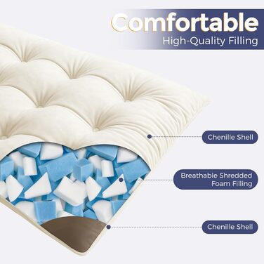 Матрац MAXYOYO футон, тканина шенил, товщина 15 см, може використовуватися як диван-ліжко, виготовлений на ґудзиках, складний гостьовий матрац для вітальні/спальні, кремовий, 135 x 200 см