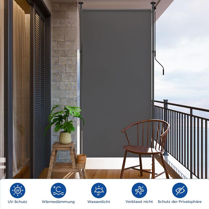 Вертикальна тентована маркіза для вулиці, Вертикальна тентована маркіза без свердління, Балконна жалюзі з ручним приводом, Ширма для забезпечення конфіденційності, Захист від сонця, Вітрозахист, Балкон та сад, 200 x (220-310) см, Ширина тканини 185,5 см, 